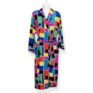 Vintage Natori Color Block Long Belted Women's Robe with Pockets Size Large